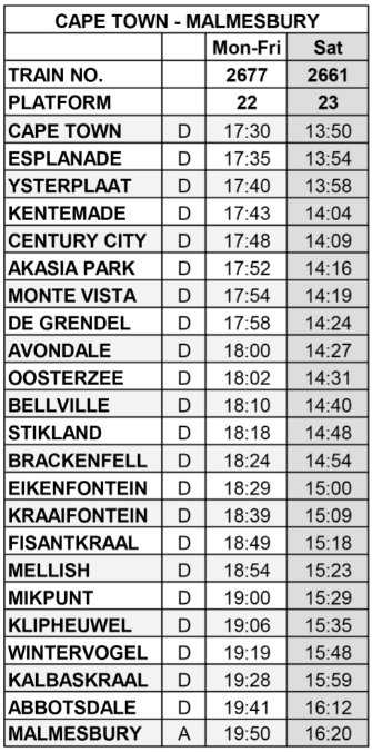 Evening outbound schedule to malmesbury